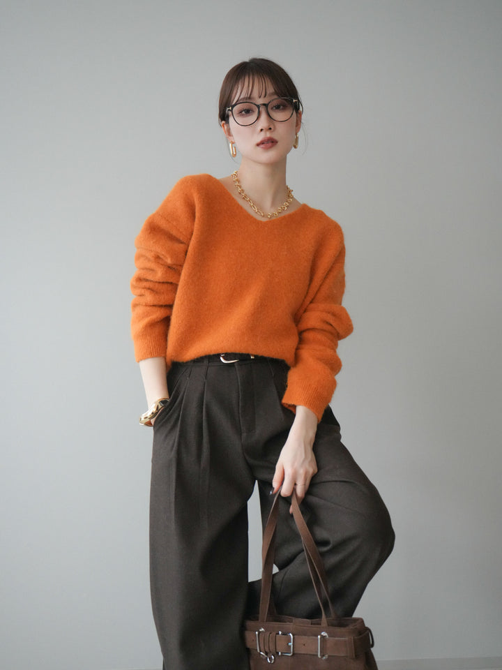 [予約]シュシュ付きアンゴラタッチVネックニットプルオーバー/orange