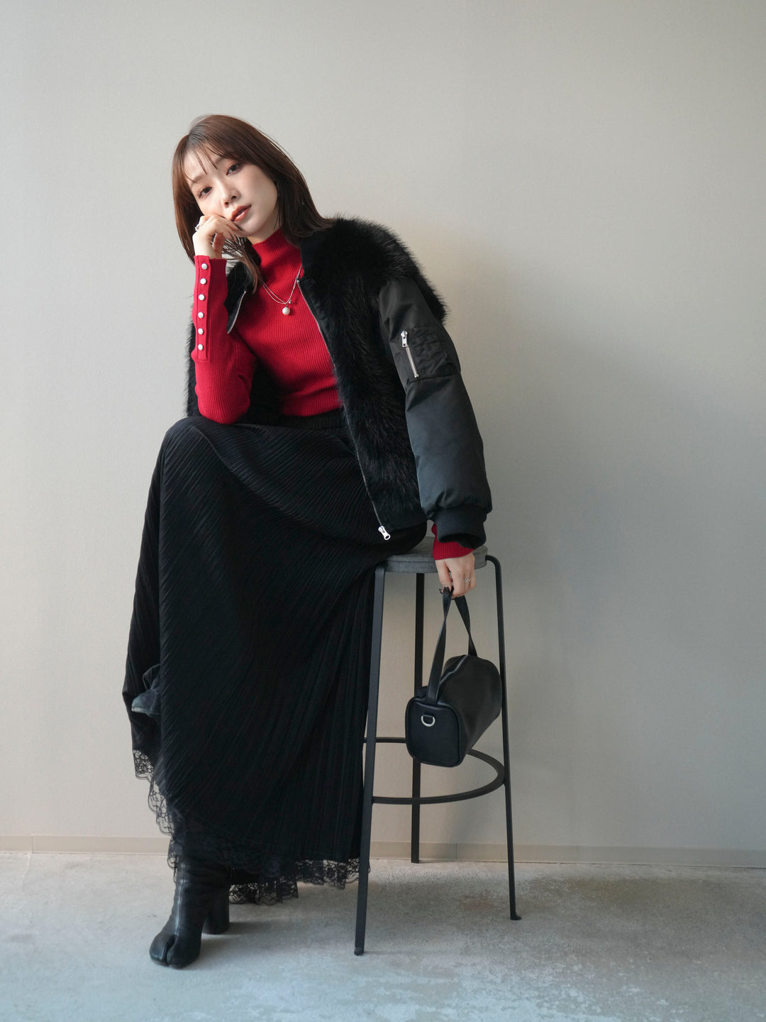 [SET]ファードッキングMA-1+袖ボタンボトルネックリブニットトップス(2set)