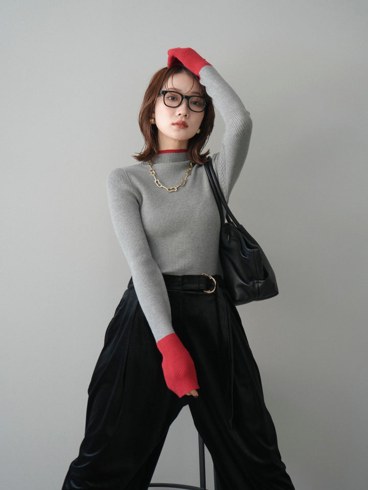 [予約]袖ボタンハイネック配色リブニットトップス/gray