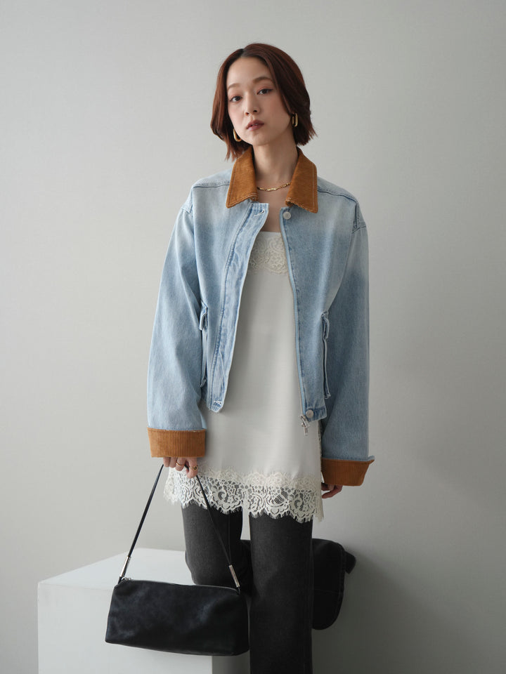 [予約]コーデュロイ×デニムショートカバーオール/bleach