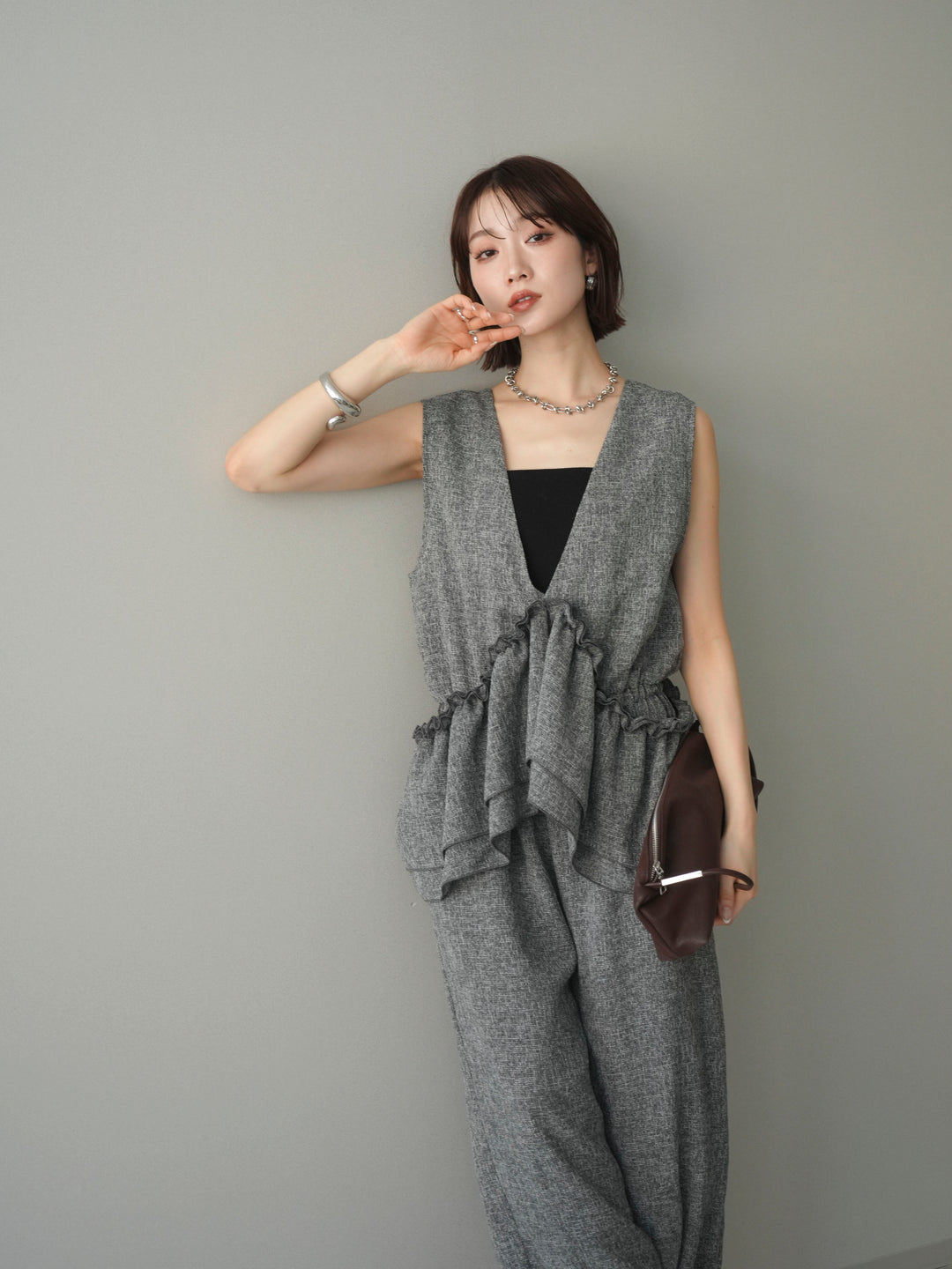 [SET]3WAYミックスツイードギャザーオールインワン+選べるアクセセット(2set)