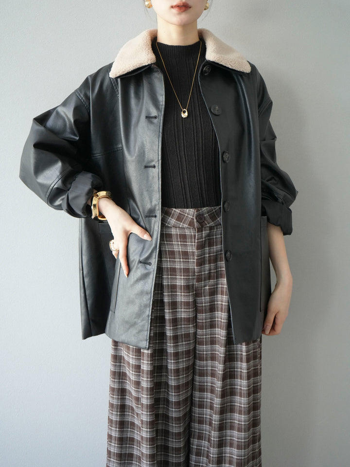 [予約]襟ボアレザーブルゾン/ブラック