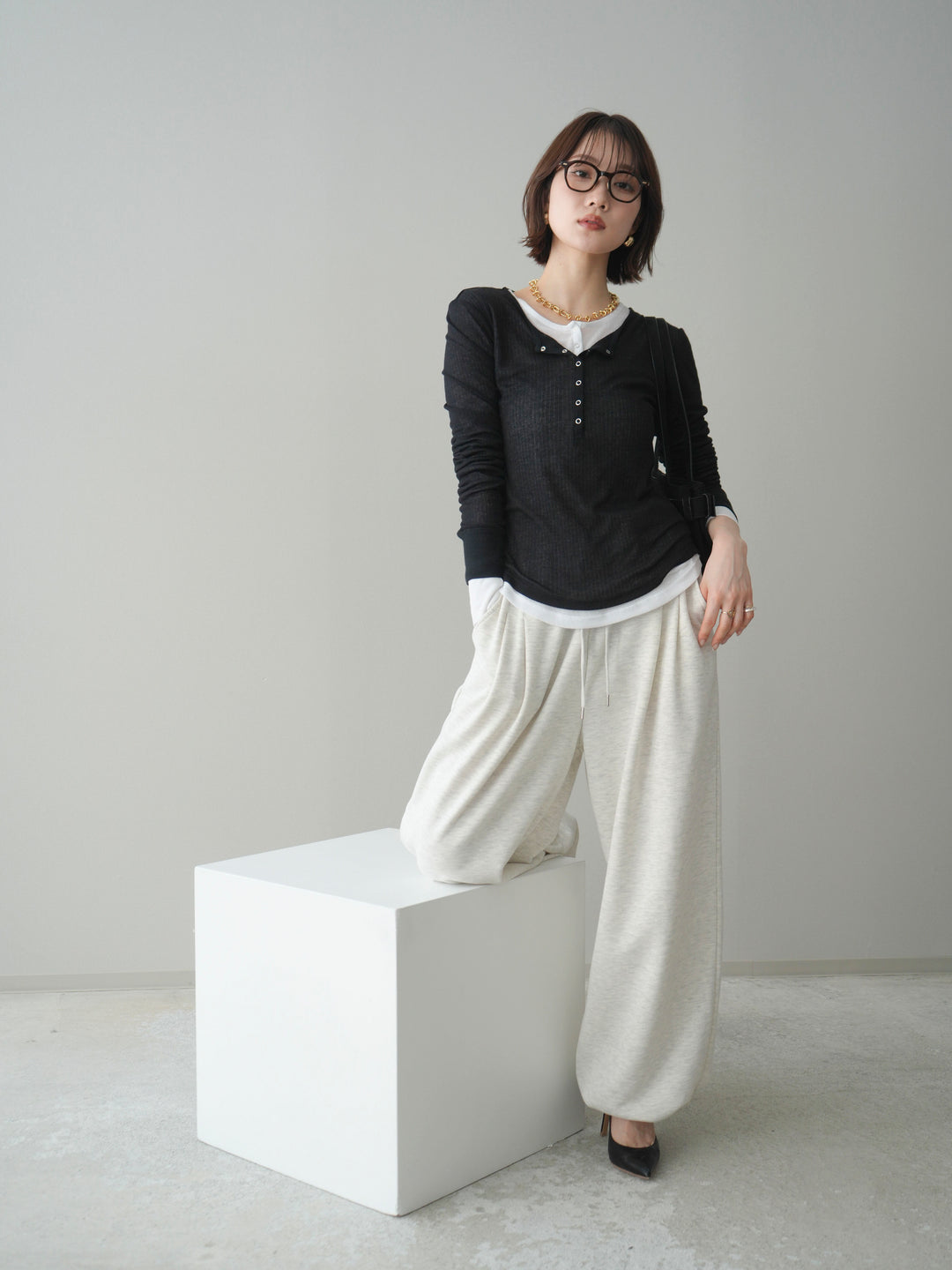 [予約]シアーリブヘンリーネックロンT/black