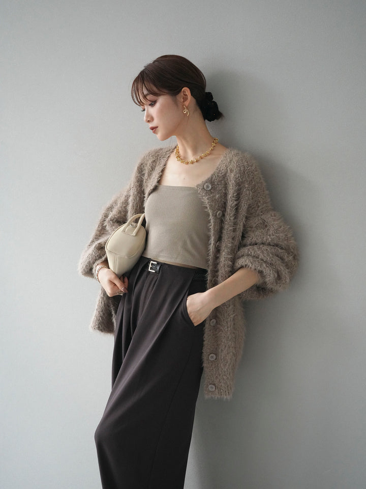 [SET]クルーネックランダムシャギーカーディガン+ベルトループデザインワイドパンツ(2set)