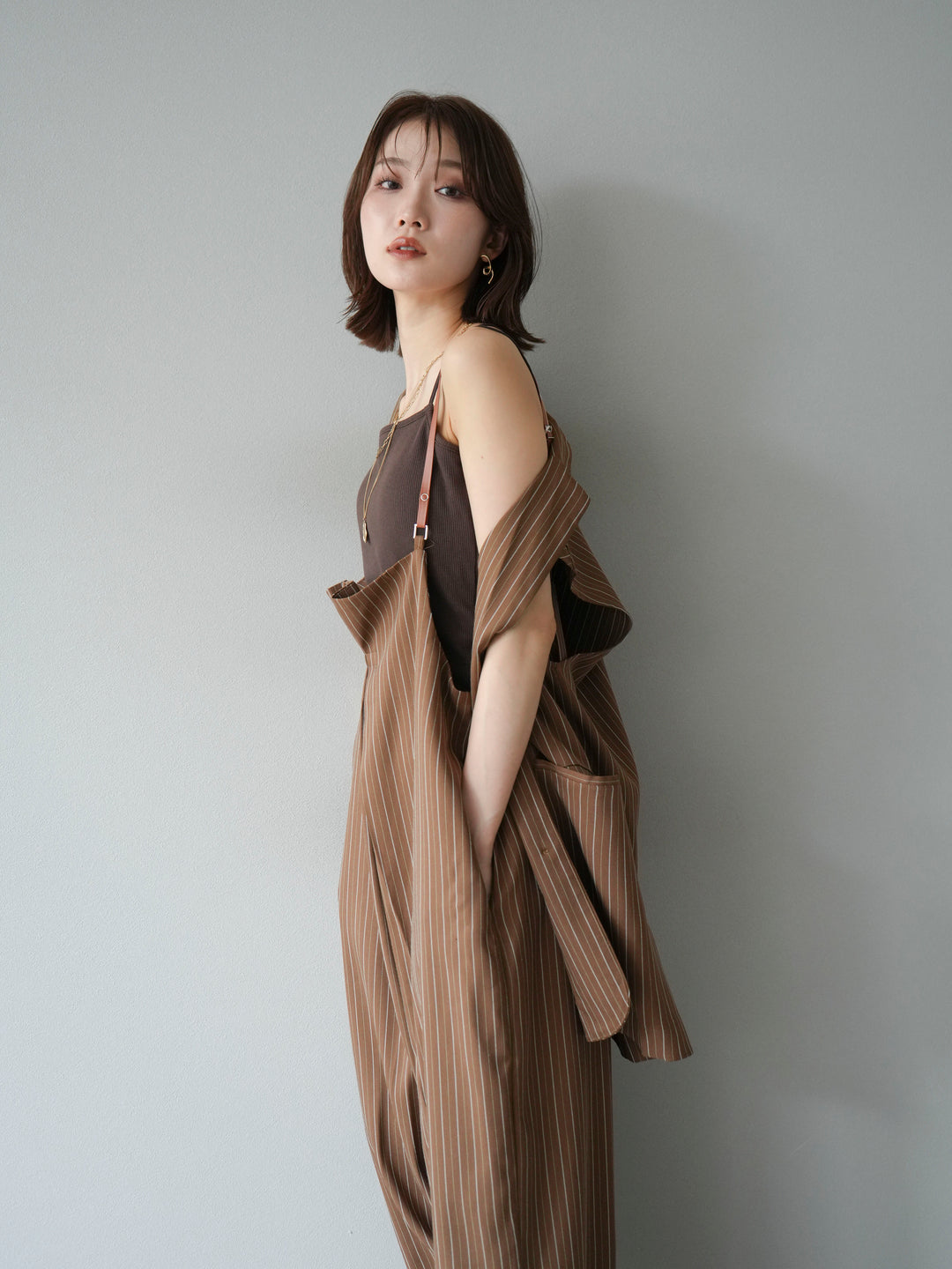 【着回しセット】[SET]ヘリンボーンストライプジレ+シアー切替ベロアトップス+ヘリンボーンストライプサロペット(3set)