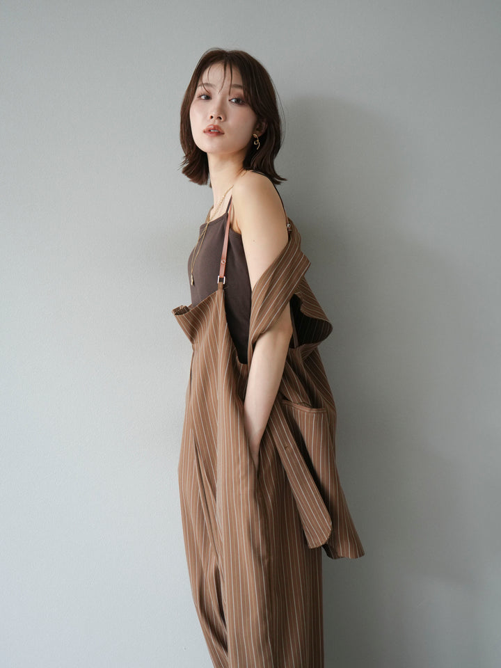 【着回しセット】[SET]ヘリンボーンストライプジレ+シアー切替ベロアトップス+ヘリンボーンストライプサロペット(3set)