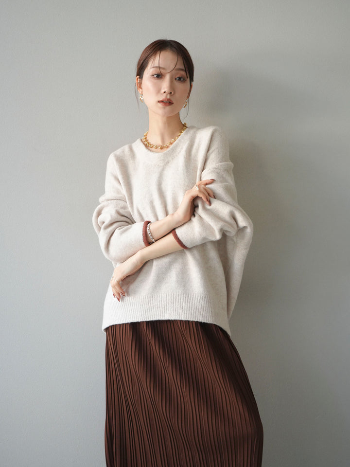 [SET]Vネック配色スリーブニットプルオーバー+選べるアクセセット(2set)