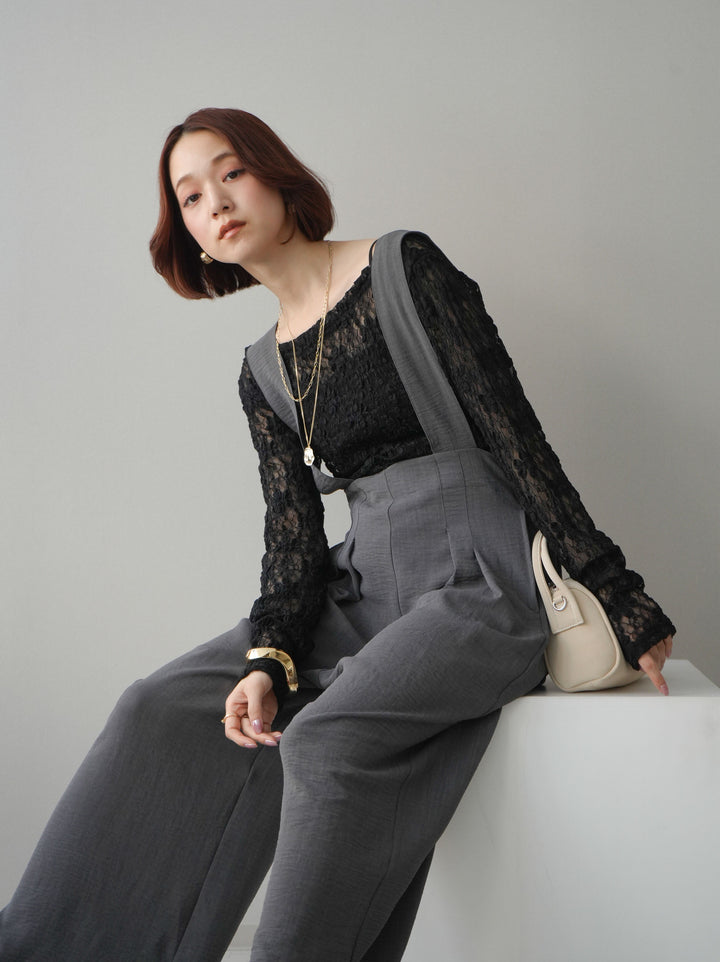 [SET]サイドギャザーレーストップス+シボ加工ハイウエストタックサロペット(2set)