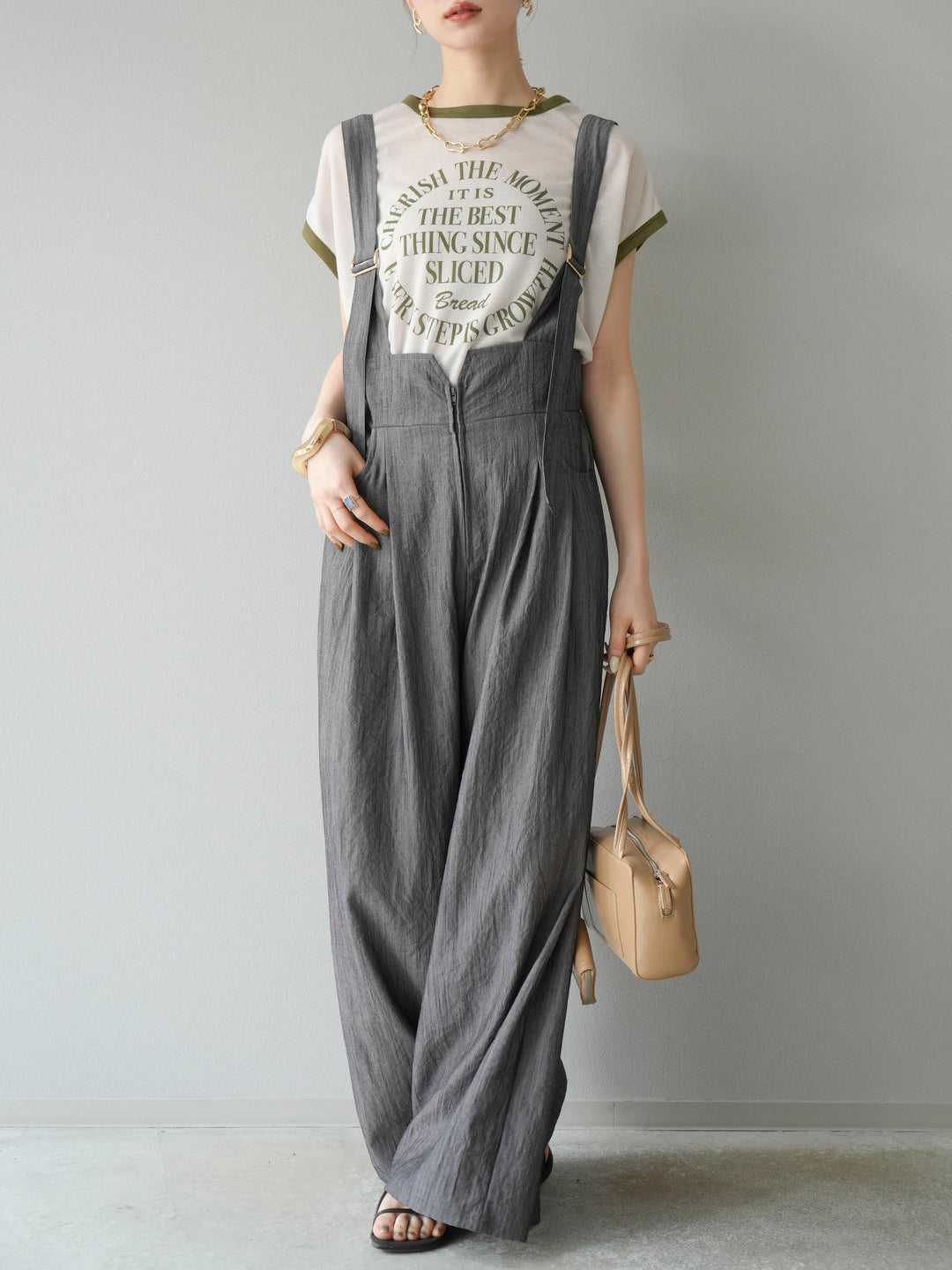 [予約]ストリングデザインハイウエストサロペット/チャコール