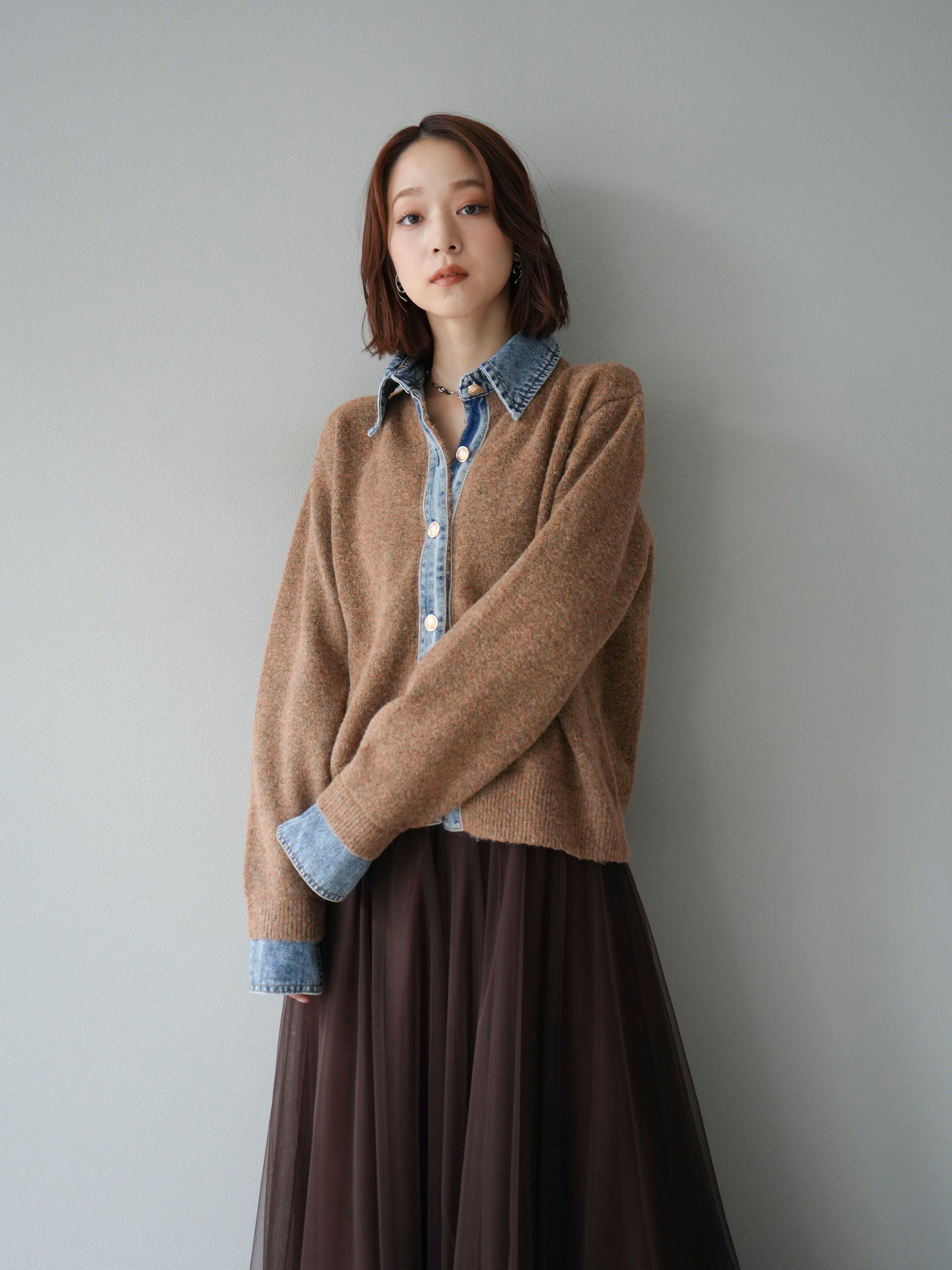 デニム襟 ボタンニットカーディガン キャラメル 予約]デニム襟ボタンニットカーディガン/キャメル – Lumier