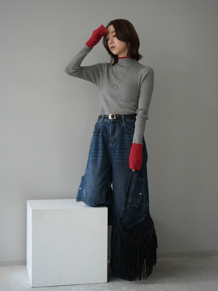 [予約]袖ボタンハイネック配色リブニットトップス/gray