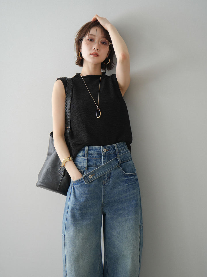 【套裝】無袖亞麻質感透視針織套頭衫 + 不對稱闊腿牛仔褲（兩件套）