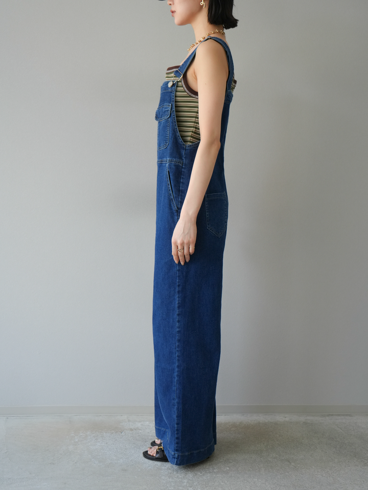 [SET]デザイン編みプチネックノースリニットトップス+ストレッチデニムワイドサロペット(2set)