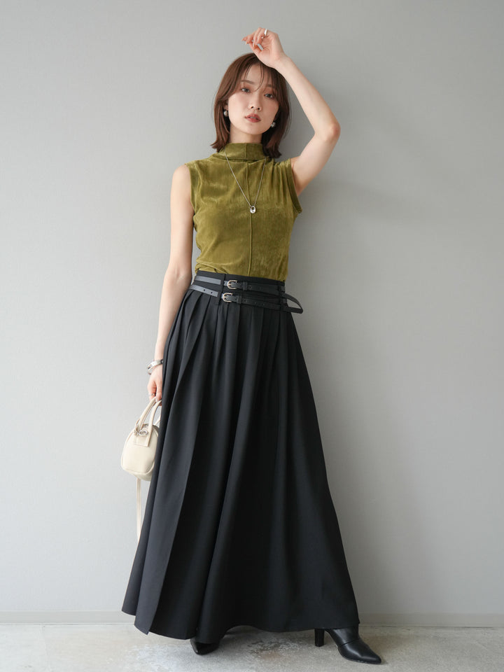 [SET]シアーベロアプチネックノースリーブトップス+エステルプリーツスリットスカート(2set)