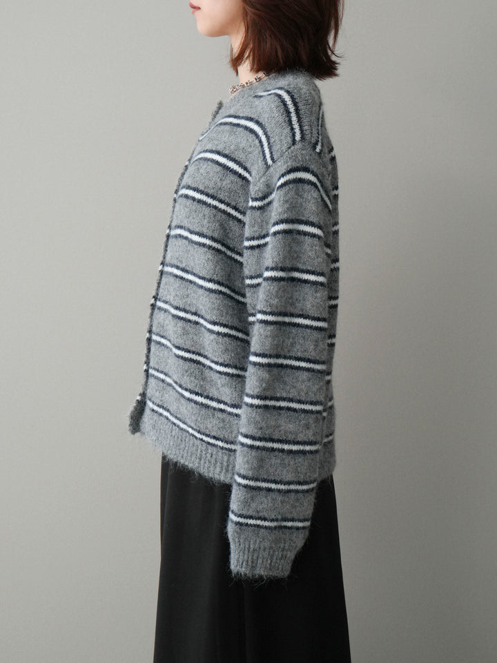 [予約]ボーダーシャギーニットカーディガン/gray