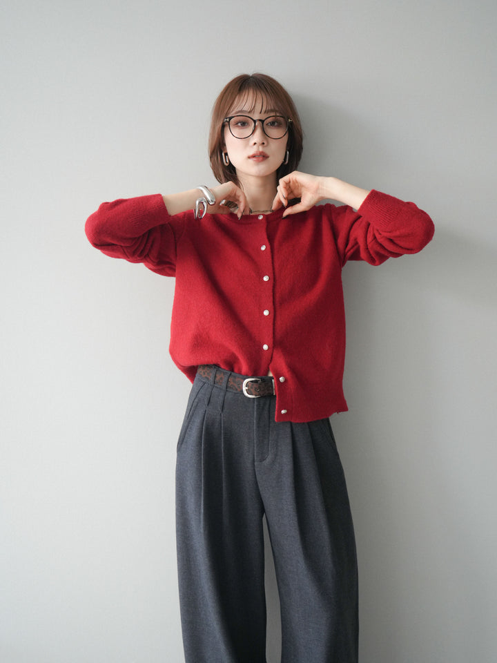 [SET]アンティークボタンニットカーディガン+アニマル柄ベルト付きウールタッチワイドパンツ(2set)