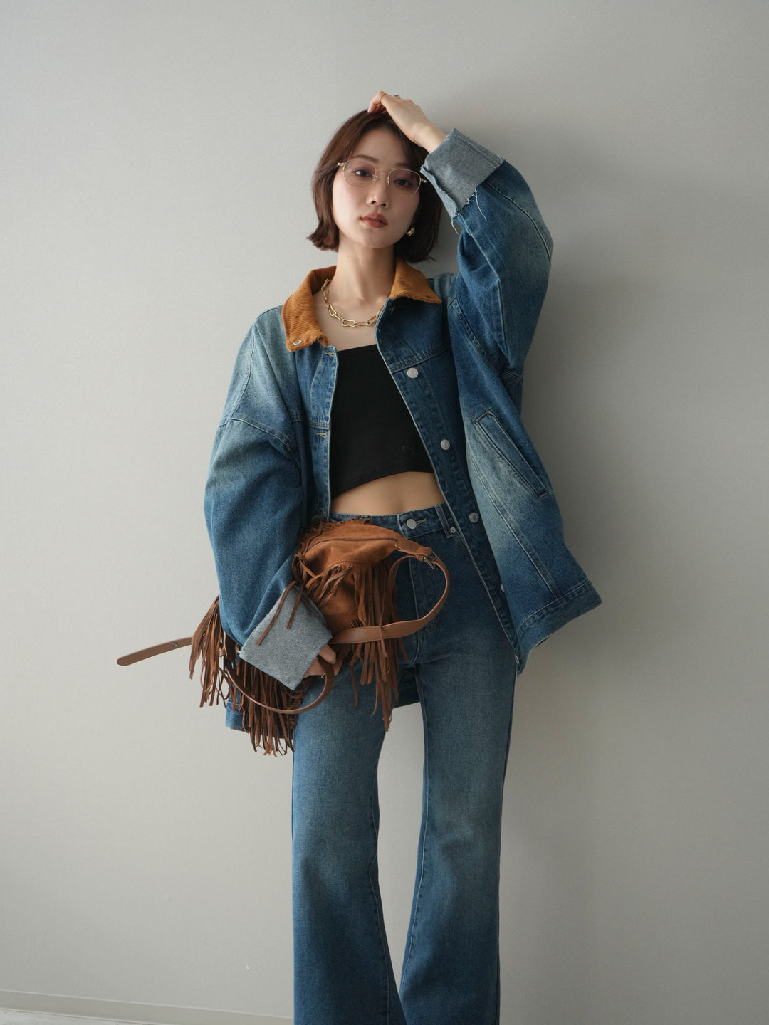 [SET]コーデュロイ×デニムミドルジャケット+フレアデニムパンツ(2set)