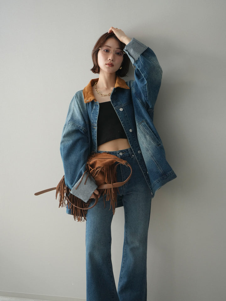 [SET]コーデュロイ×デニムミドルジャケット+フレアデニムパンツ(2set)