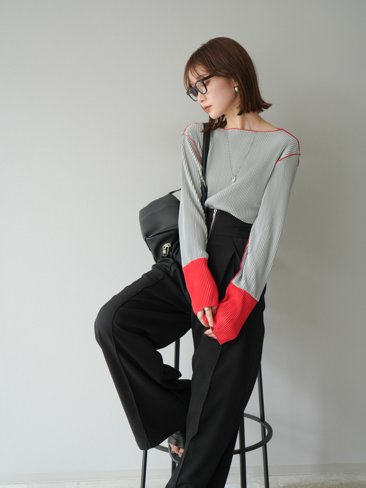 [予約]バイカラープリーツトップス/グレー