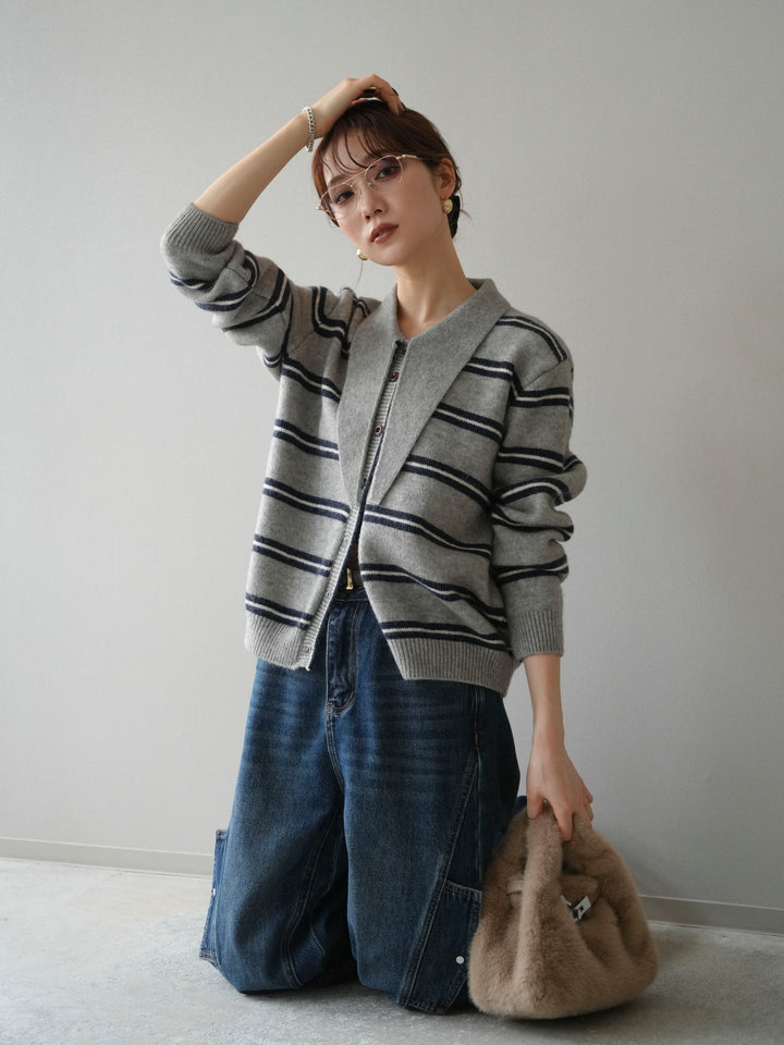 [予約]ボウタイボーダーニットカーディガン/gray