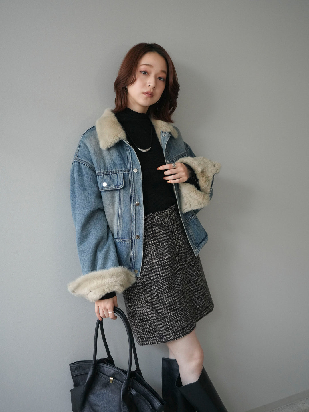 [予約]デニム×ファーステンカラーショートジャケット/lightblue