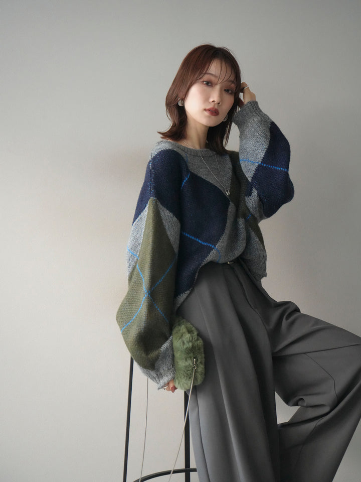 [予約]配色ステッチアーガイル柄ニットプルオーバー/gray