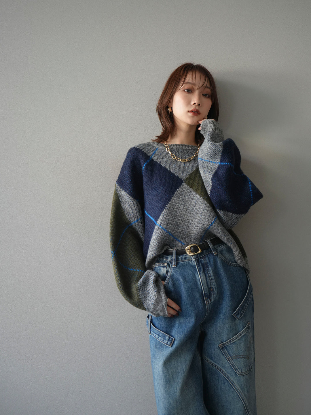 [予約]配色ステッチアーガイル柄ニットプルオーバー/gray