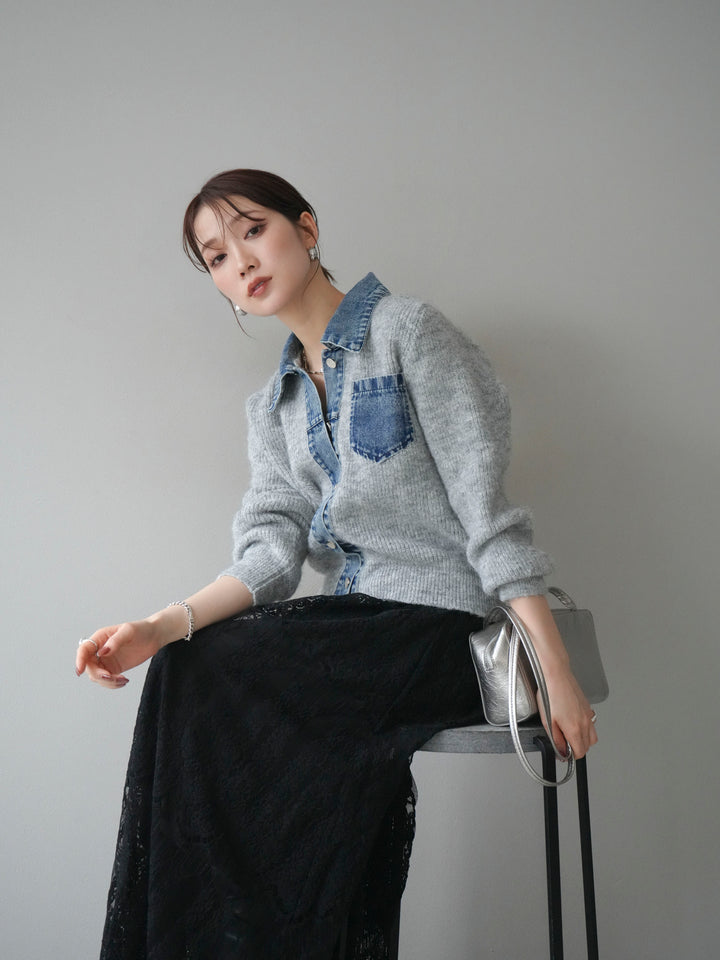 [予約]デニム襟ポケットニットカーディガン/gray