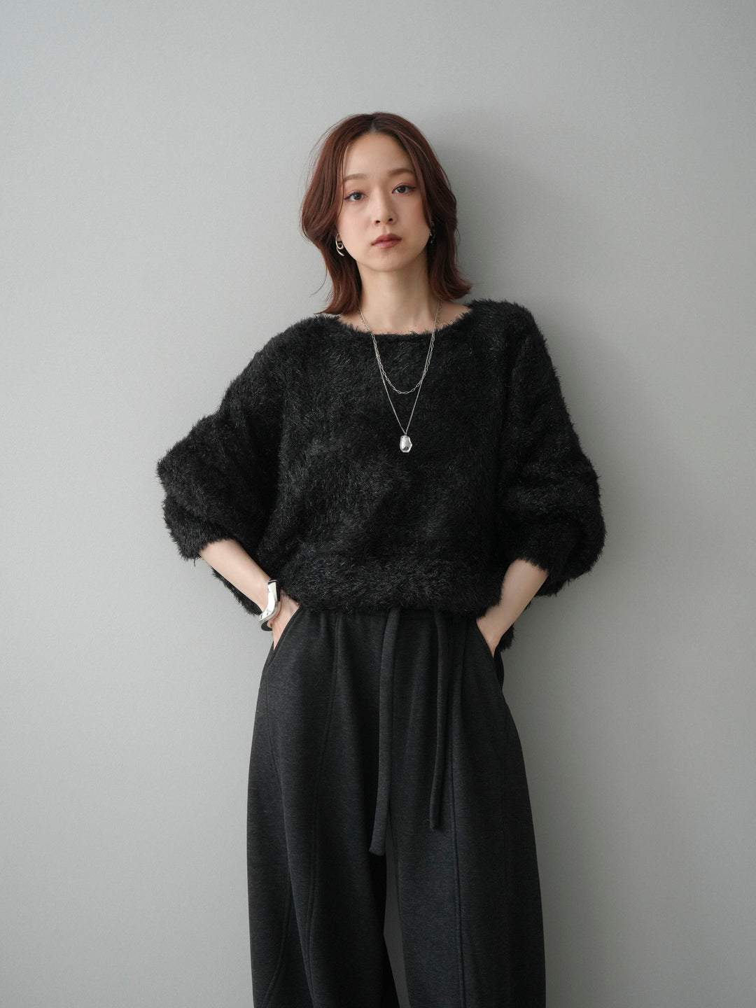 [予約]ラメシャギードルマンニットプルオーバー/black