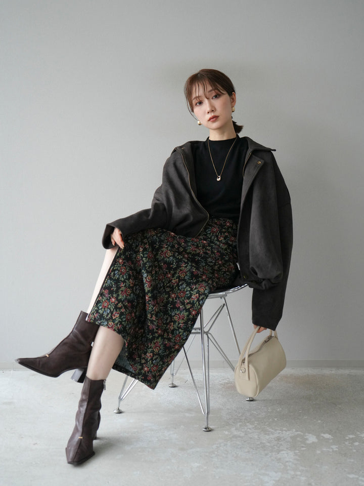 [套裝] 麂皮外套 + 小領法式針織上衣 + 哥布蘭前拉鍊緊身裙（3 套）