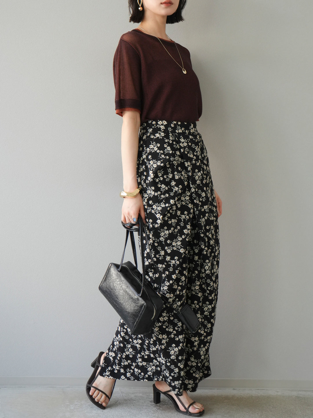 [SET]リネンタッチ配色二重臼ハーフニットトップス+選べるアソート柄スカートセット(2set)