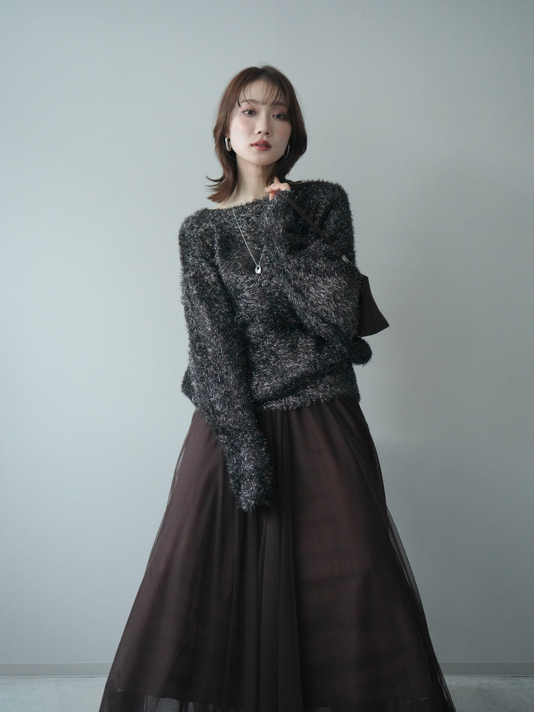 [予約]ラメシャギードルマンニットプルオーバー/brown