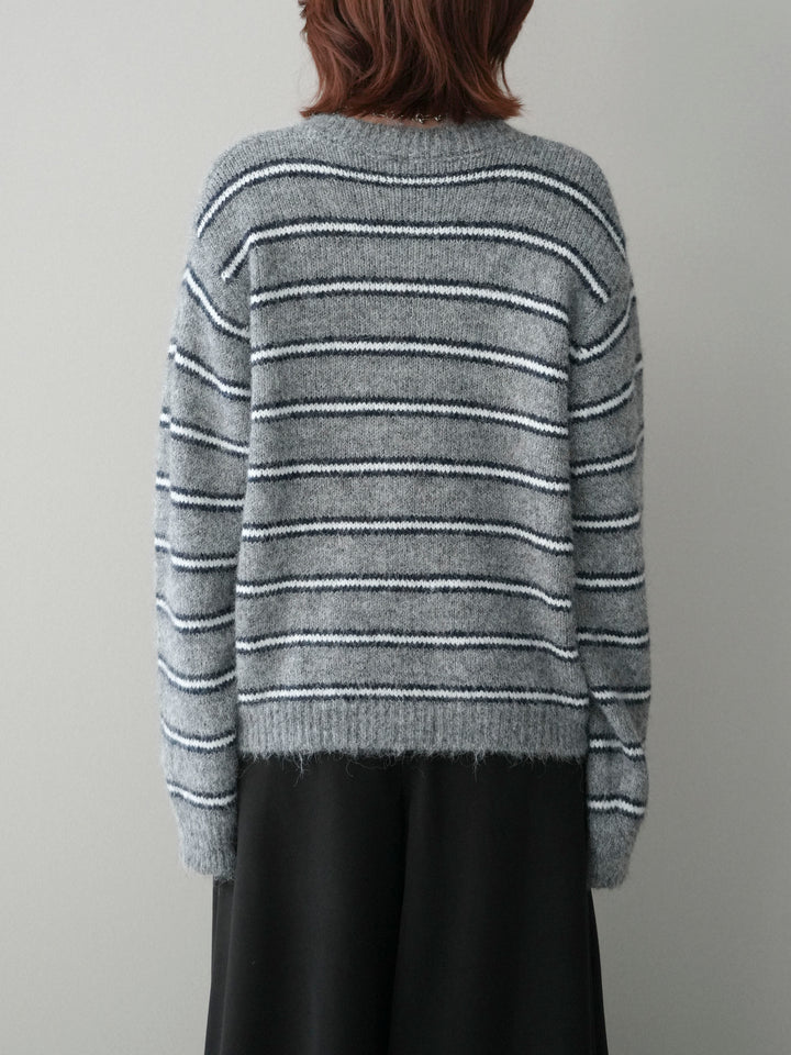[予約]ボーダーシャギーニットカーディガン/gray