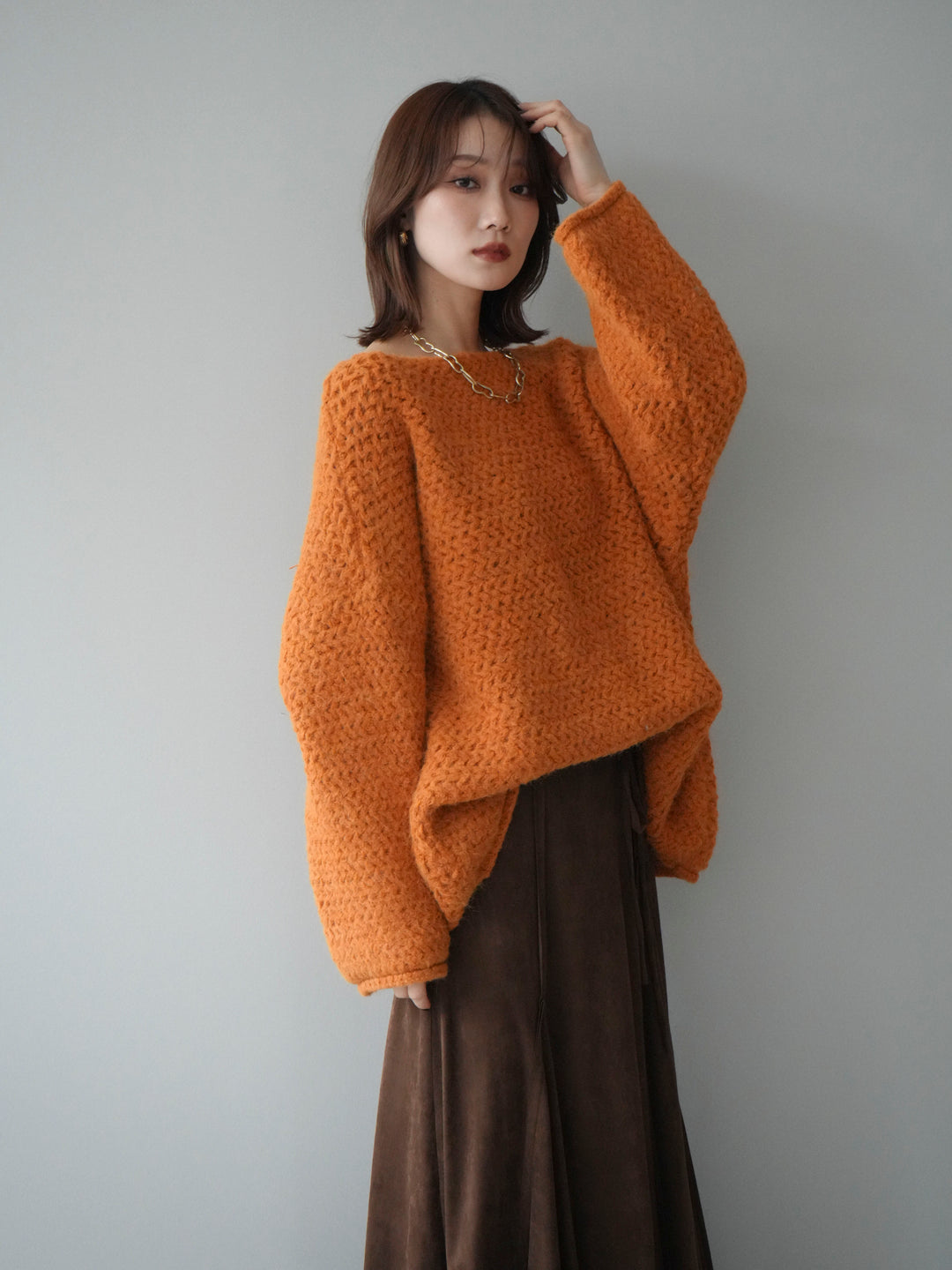 [予約]ワッフル編みオーバーニットプルオーバー/mustard