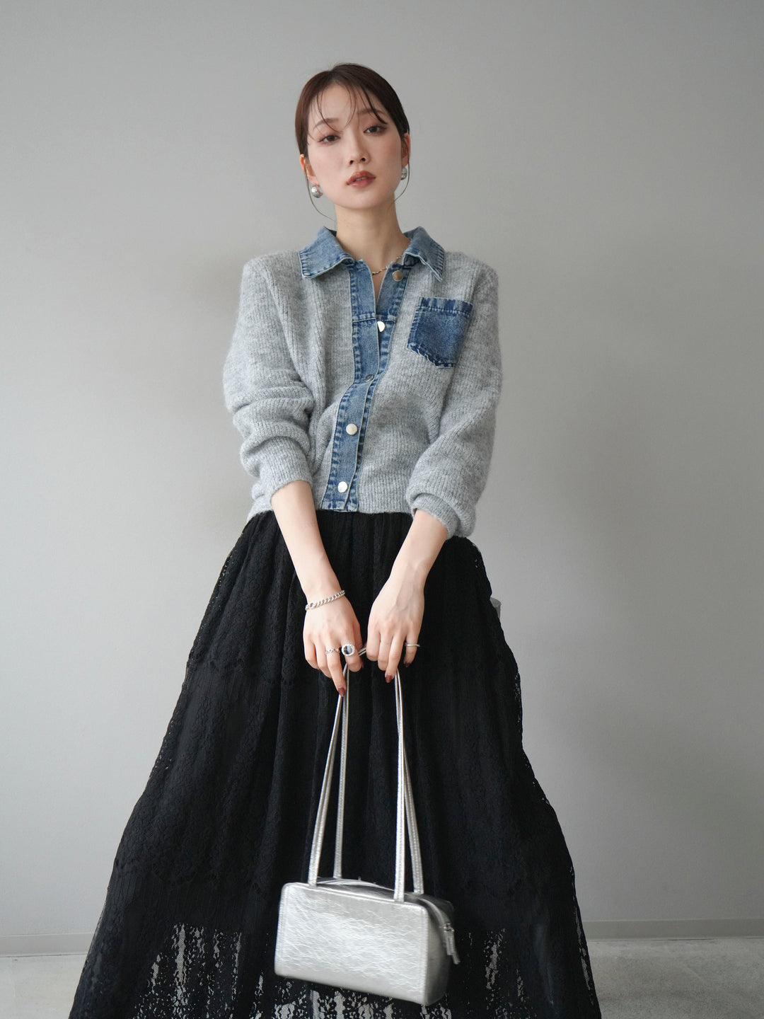 [予約]デニム襟ポケットニットカーディガン/gray