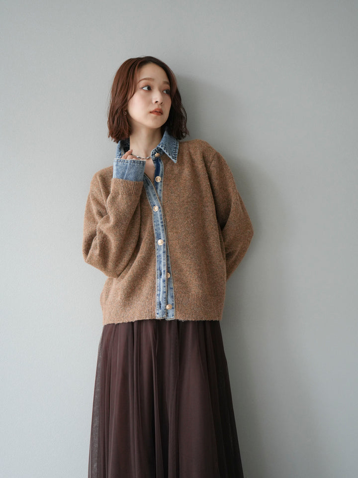 【預購】牛仔領紐扣針織開襟衫/駝色