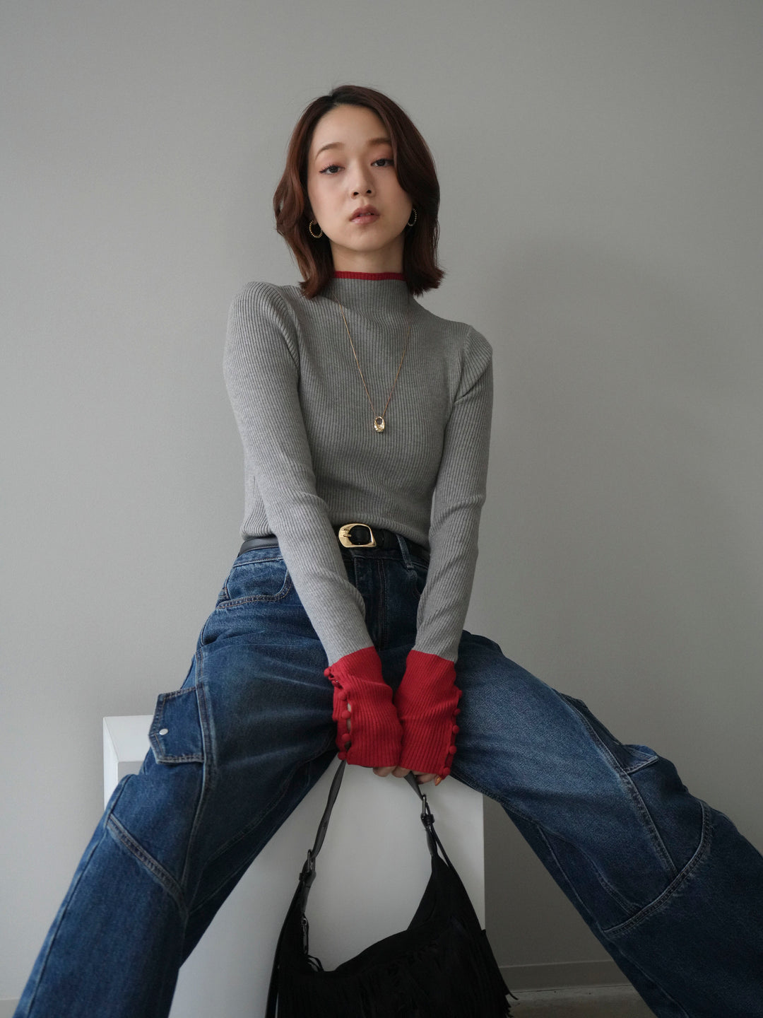 [SET]袖ボタンハイネック配色リブニットトップス+袖ボタンハイネック配色リブニットトップス(2set)