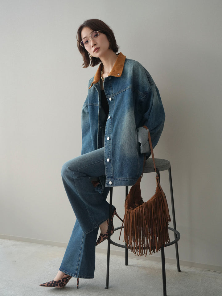 [SET]コーデュロイ×デニムミドルジャケット+フレアデニムパンツ(2set)