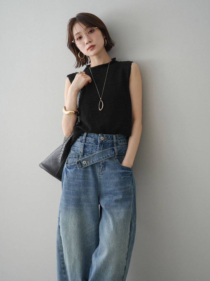 【套裝】無袖亞麻質感透視針織套頭衫 + 不對稱闊腿牛仔褲（兩件套）