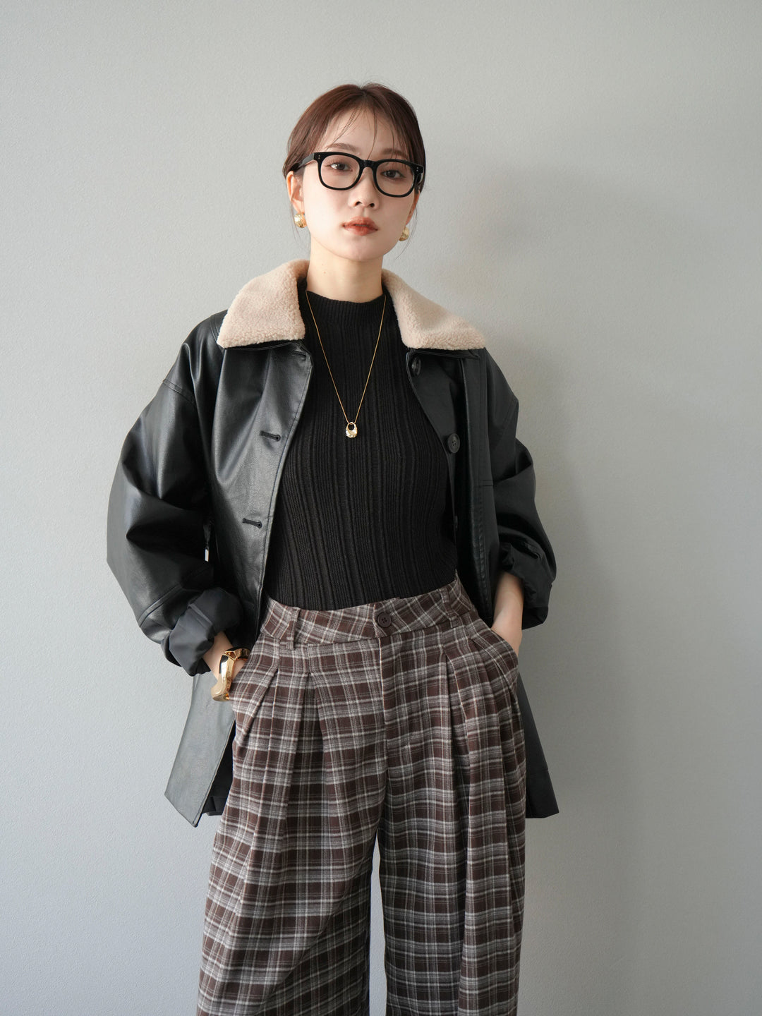 [予約]襟ボアレザーブルゾン/ブラック