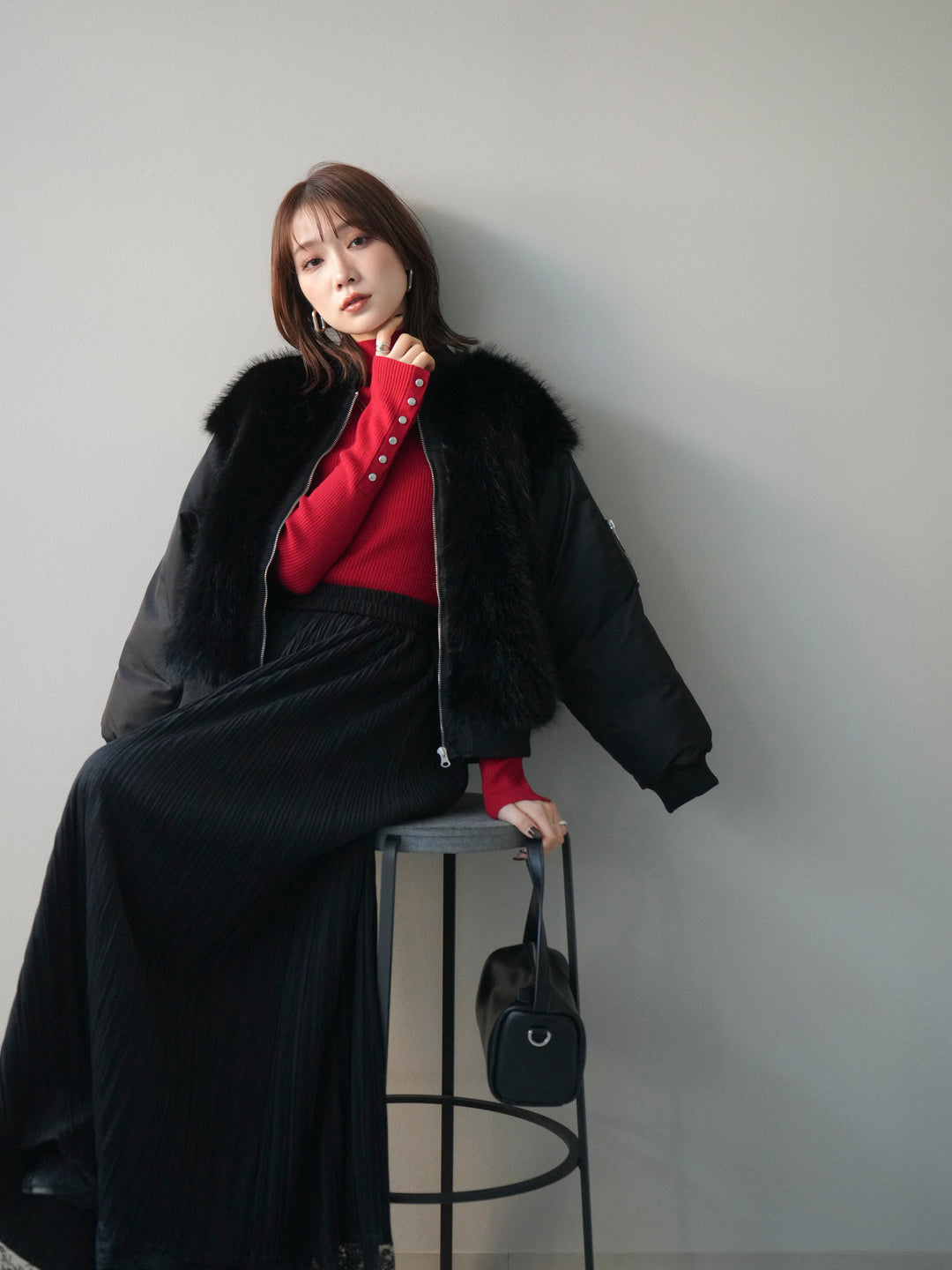 [SET]ファードッキングMA-1+袖ボタンボトルネックリブニットトップス(2set)