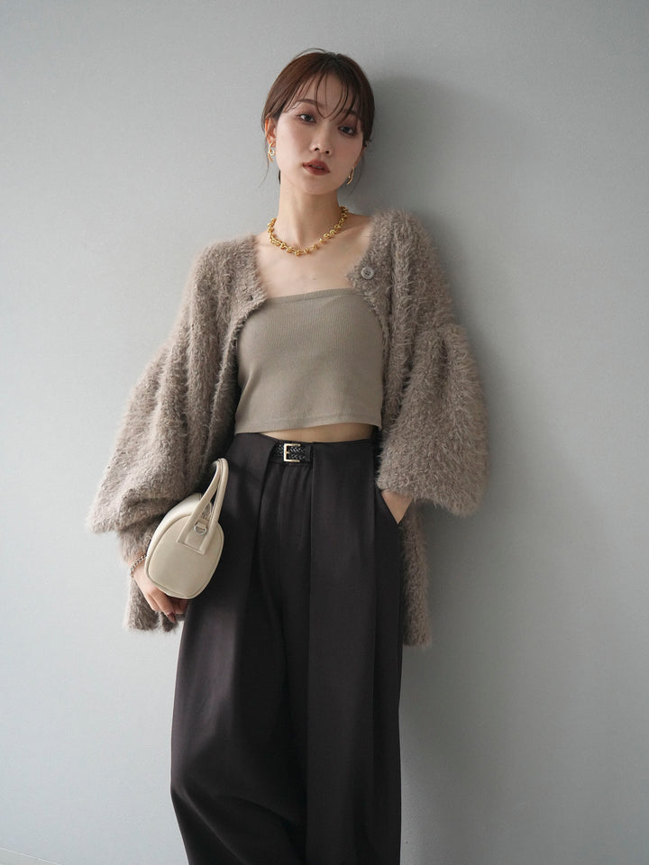 [SET]クルーネックランダムシャギーカーディガン+ベルトループデザインワイドパンツ(2set)