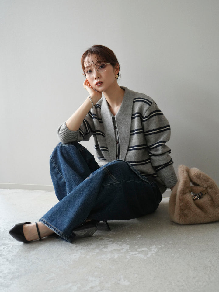 [予約]ボウタイボーダーニットカーディガン/gray