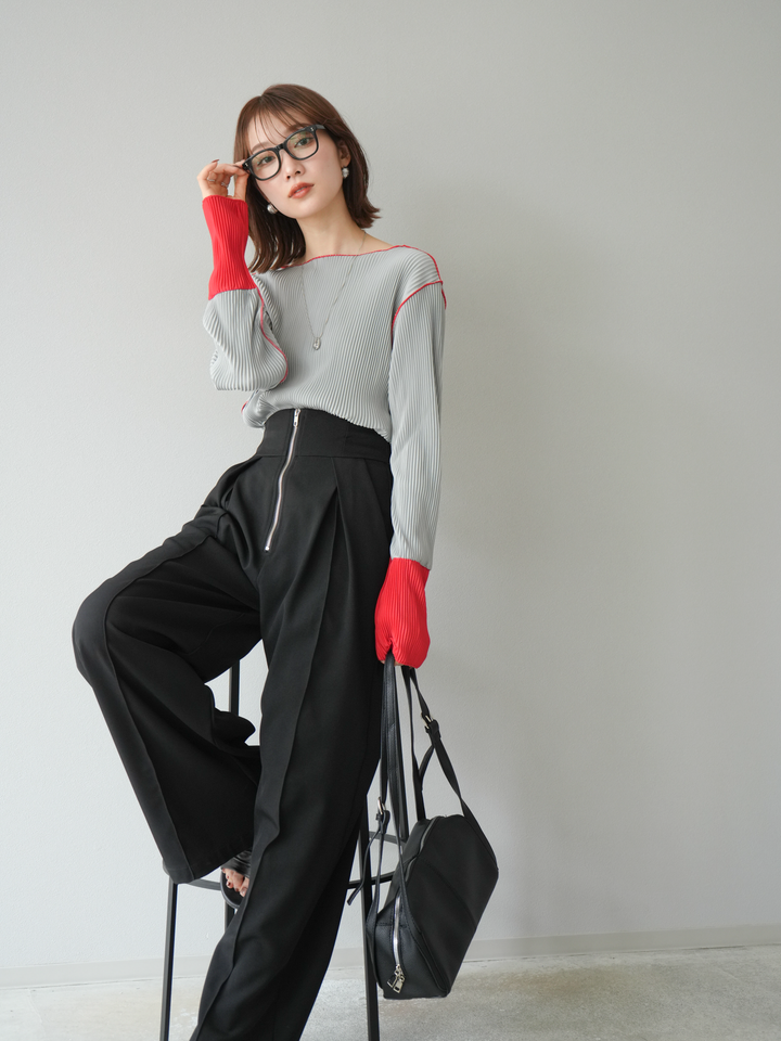 [予約]バイカラープリーツトップス/グレー