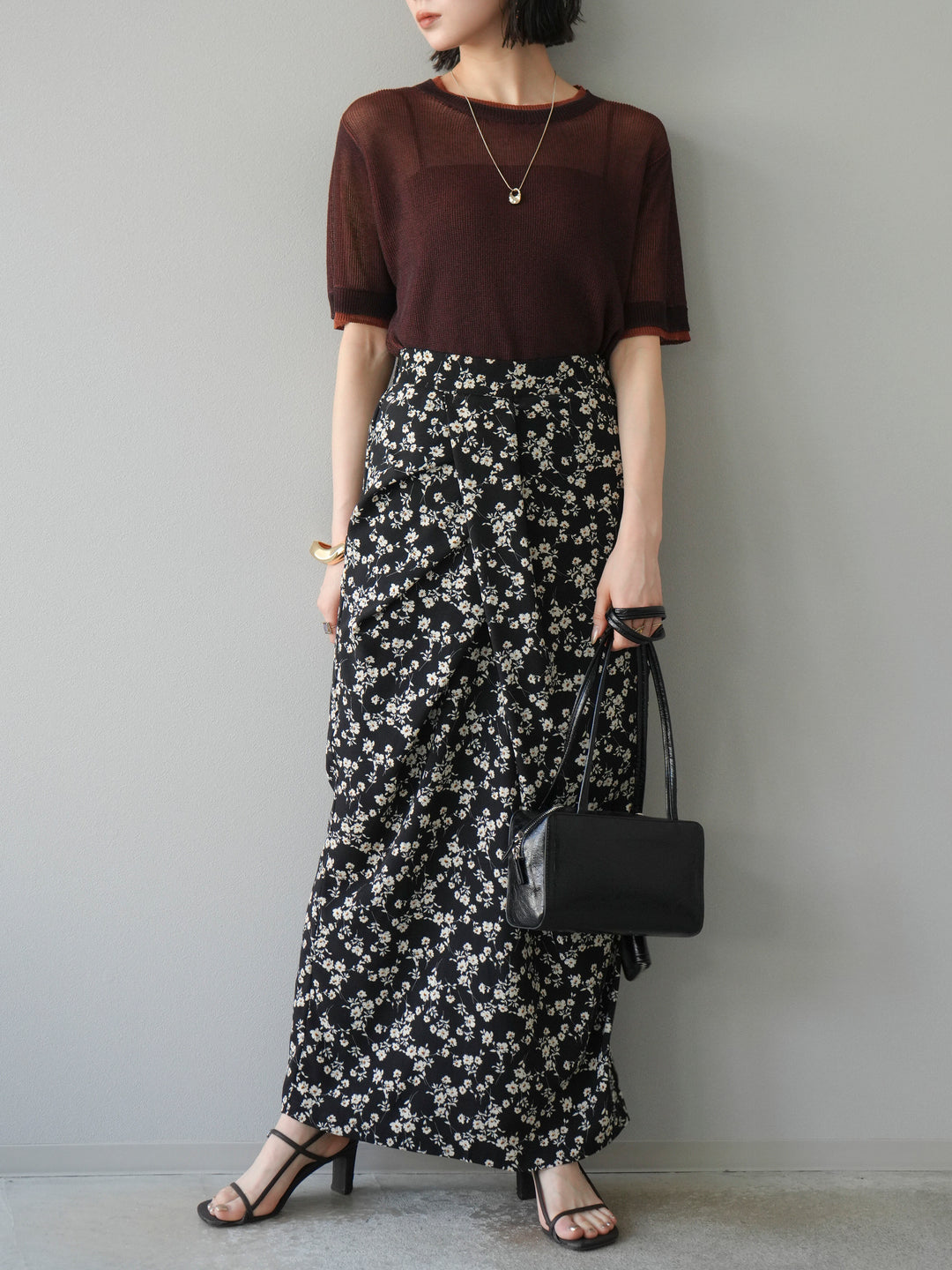 [SET]リネンタッチ配色二重臼ハーフニットトップス+選べるアソート柄スカートセット(2set)