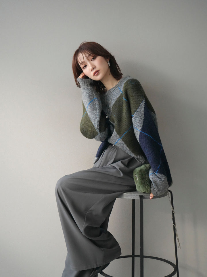 [予約]配色ステッチアーガイル柄ニットプルオーバー/gray