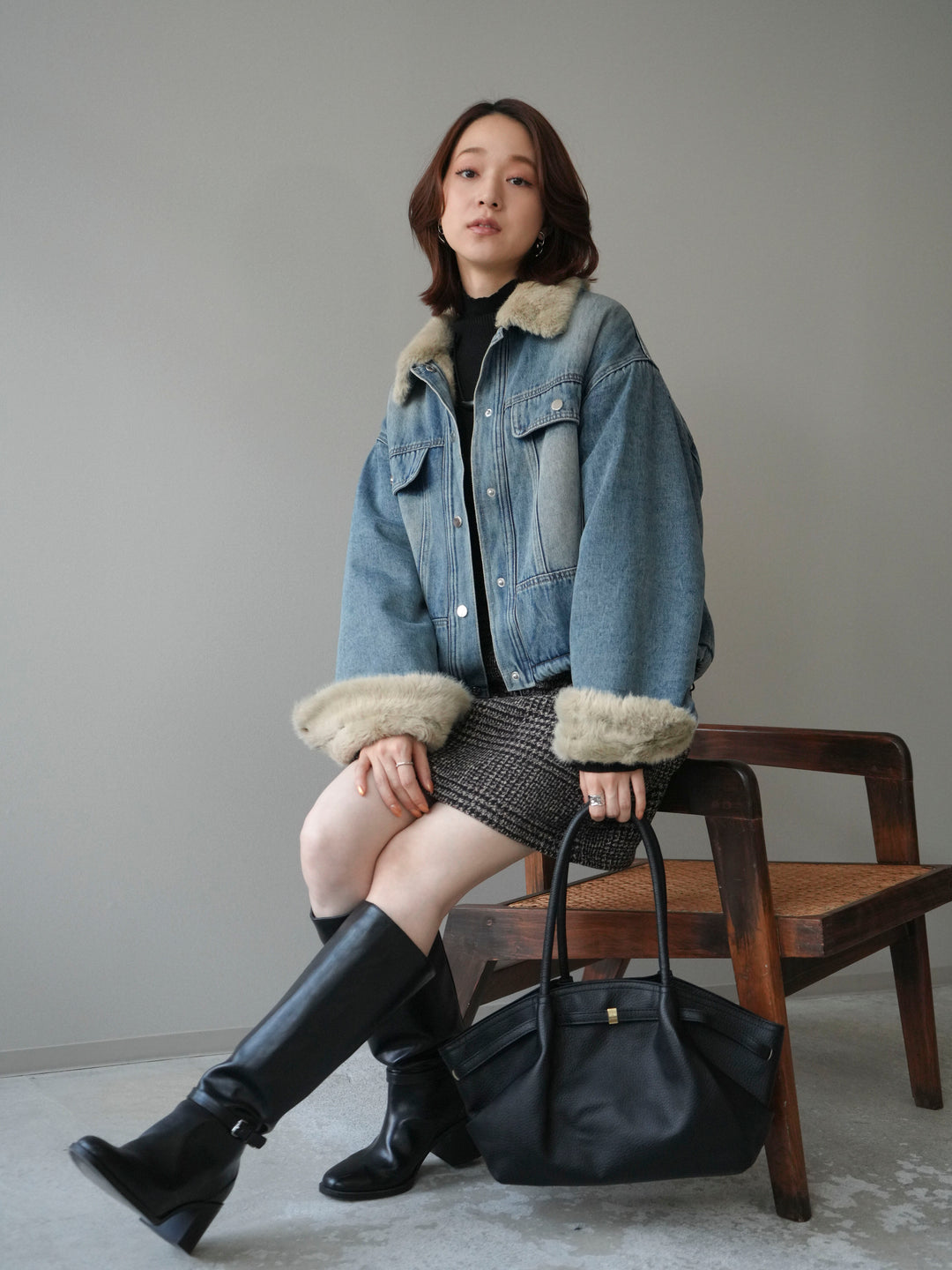 [予約]デニム×ファーステンカラーショートジャケット/lightblue