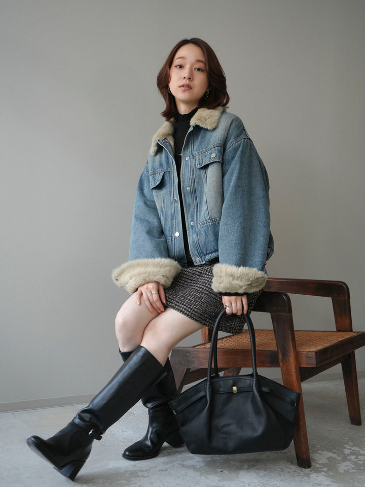 [予約]デニム×ファーステンカラーショートジャケット/lightblue