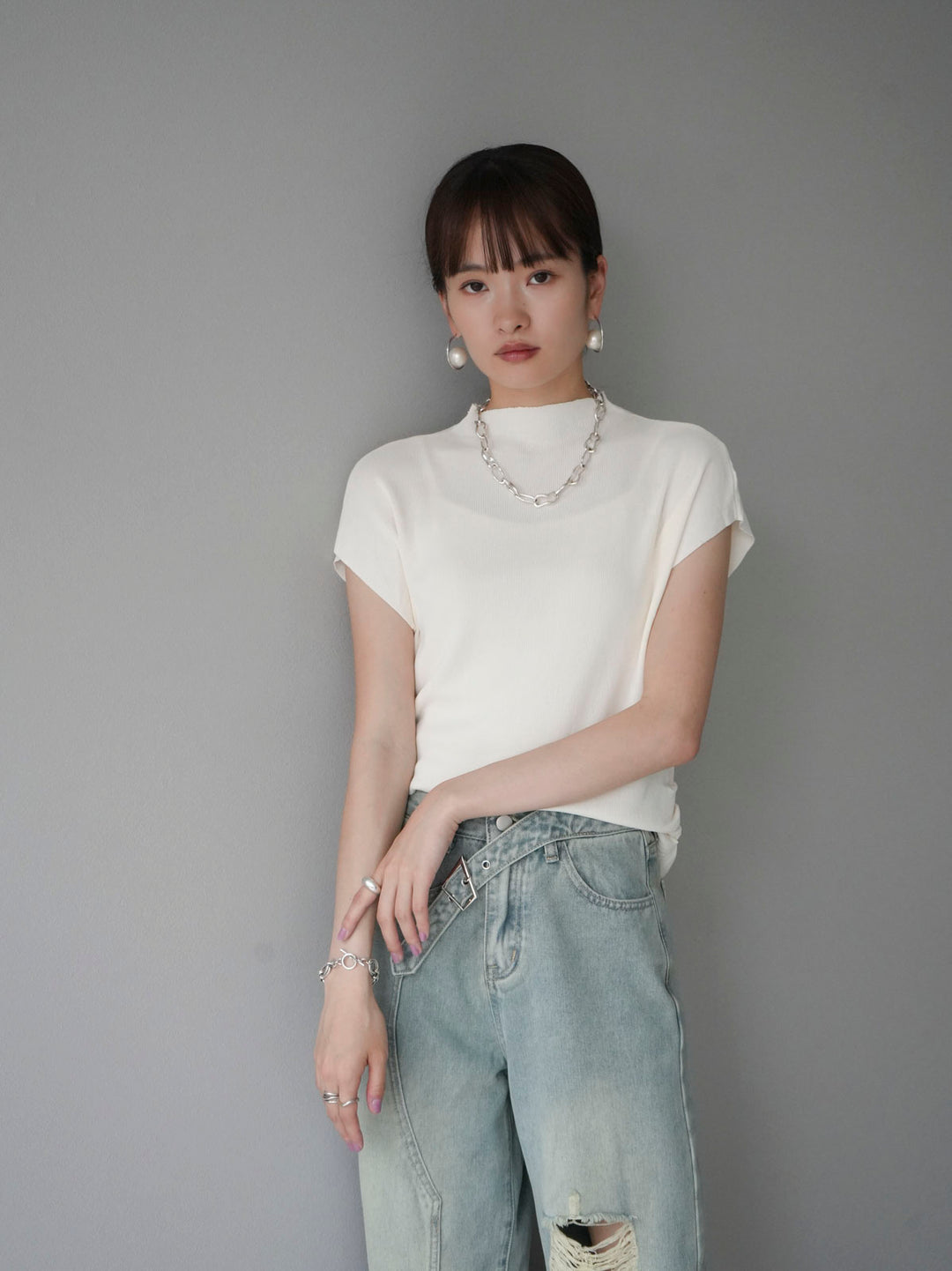 [Pre-order] Petite Neck Side Shirring Summer Knit Top/Ivory