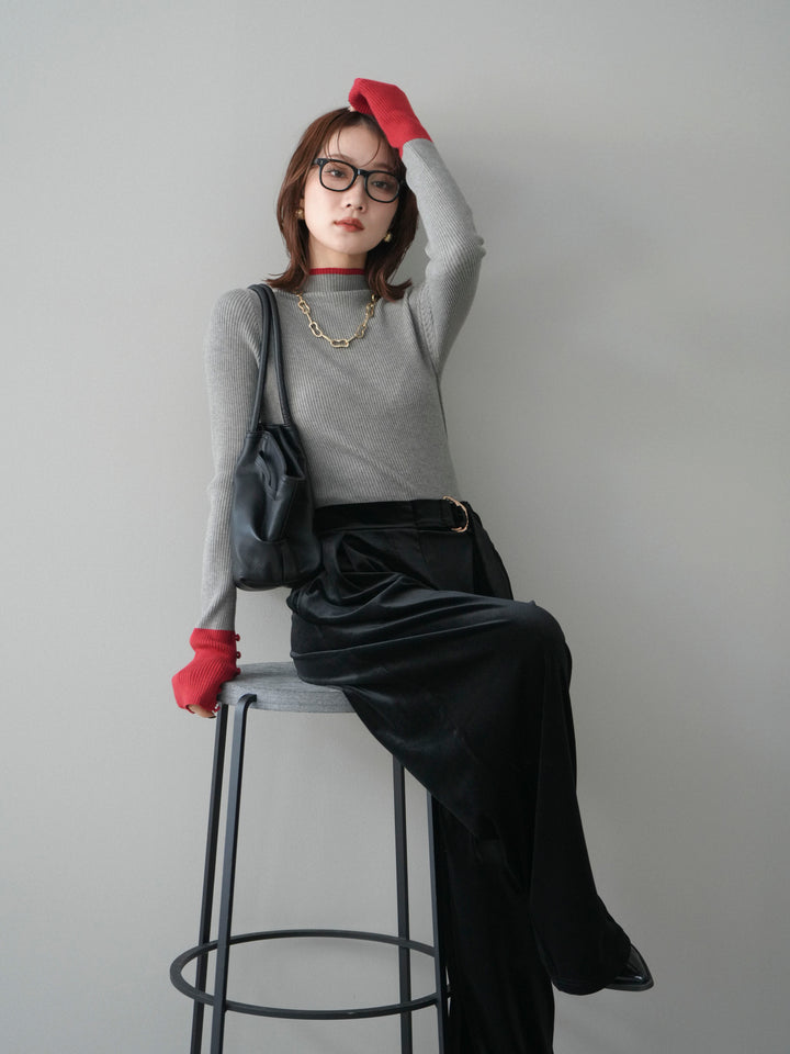 [予約]袖ボタンハイネック配色リブニットトップス/gray